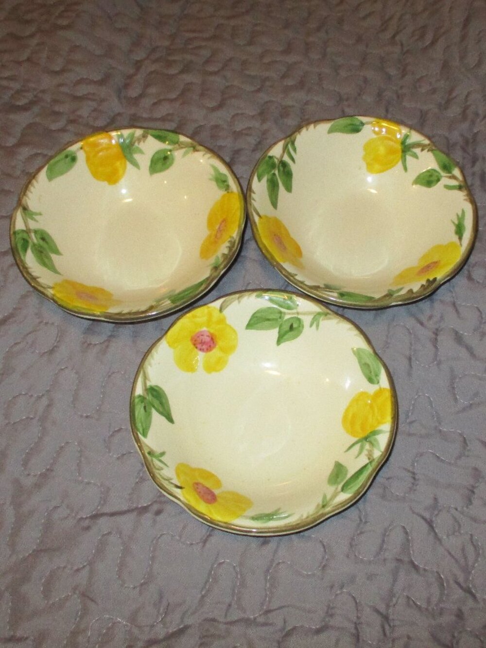 3 Vintage Franciscan Meadow Rose Yellow Flower Small dessert bowls HTF